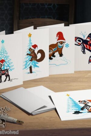 Fun Native American Christmas Greeting Art Cards (5-Pack: bear, deer, squirrel, otter, & orca) | Tlingit design by artist Wéidaaká Yóodóohaa