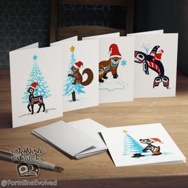 Fun Native American Christmas Greeting Art Cards (5-Pack: bear, deer, squirrel, otter, & orca) | Tlingit design by artist Wéidaaká Yóodóohaa