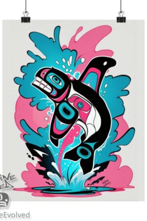 Orca Jumping pink/blue, Graffiti print,Tlingit and Haida totem design by Native American artist Wéidaaká Yóodóohaa