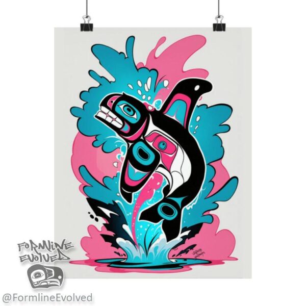 Orca Jumping pink/blue, Graffiti print,Tlingit and Haida totem design by Native American artist Wéidaaká Yóodóohaa