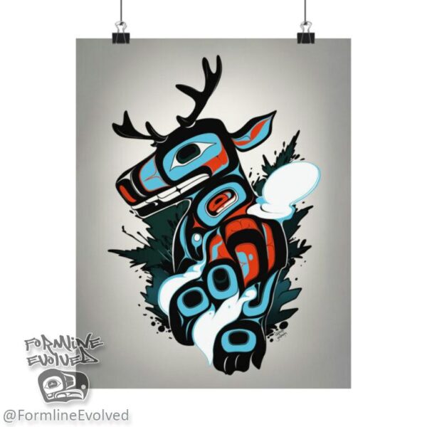 Deer Graffiti, black/blue/red, print, Tlingit and Haida totem design by Native American artist Wéidaaká Yóodóohaa