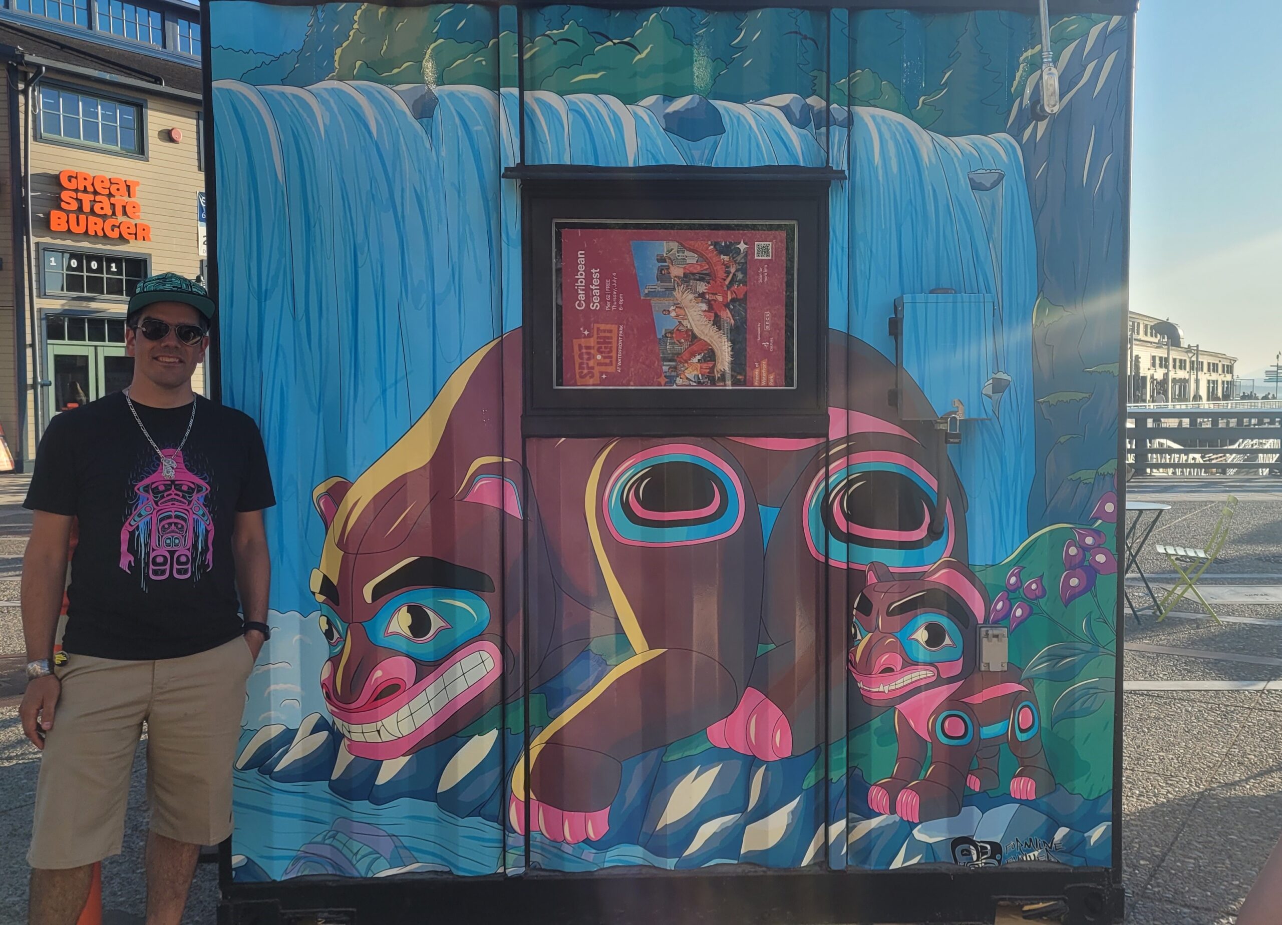 Artist standing in front of Mentor Bear mural