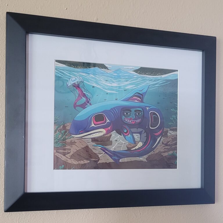 photo of a framed shark and jellyfish print